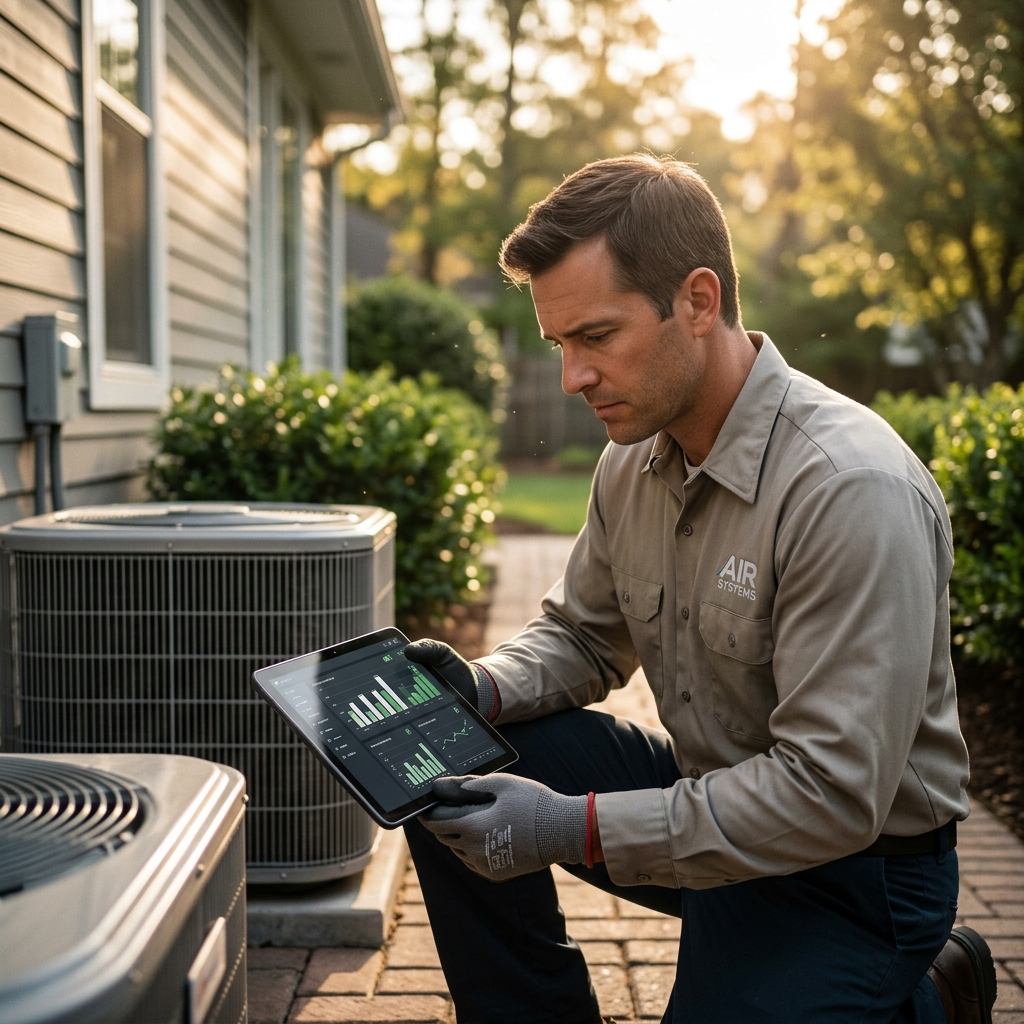 HVAC technician reviewing performance data on a tablet beside an outdoor AC unit