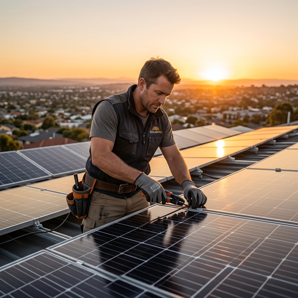 Solar installer reviewing a residential rooftop solar panel project