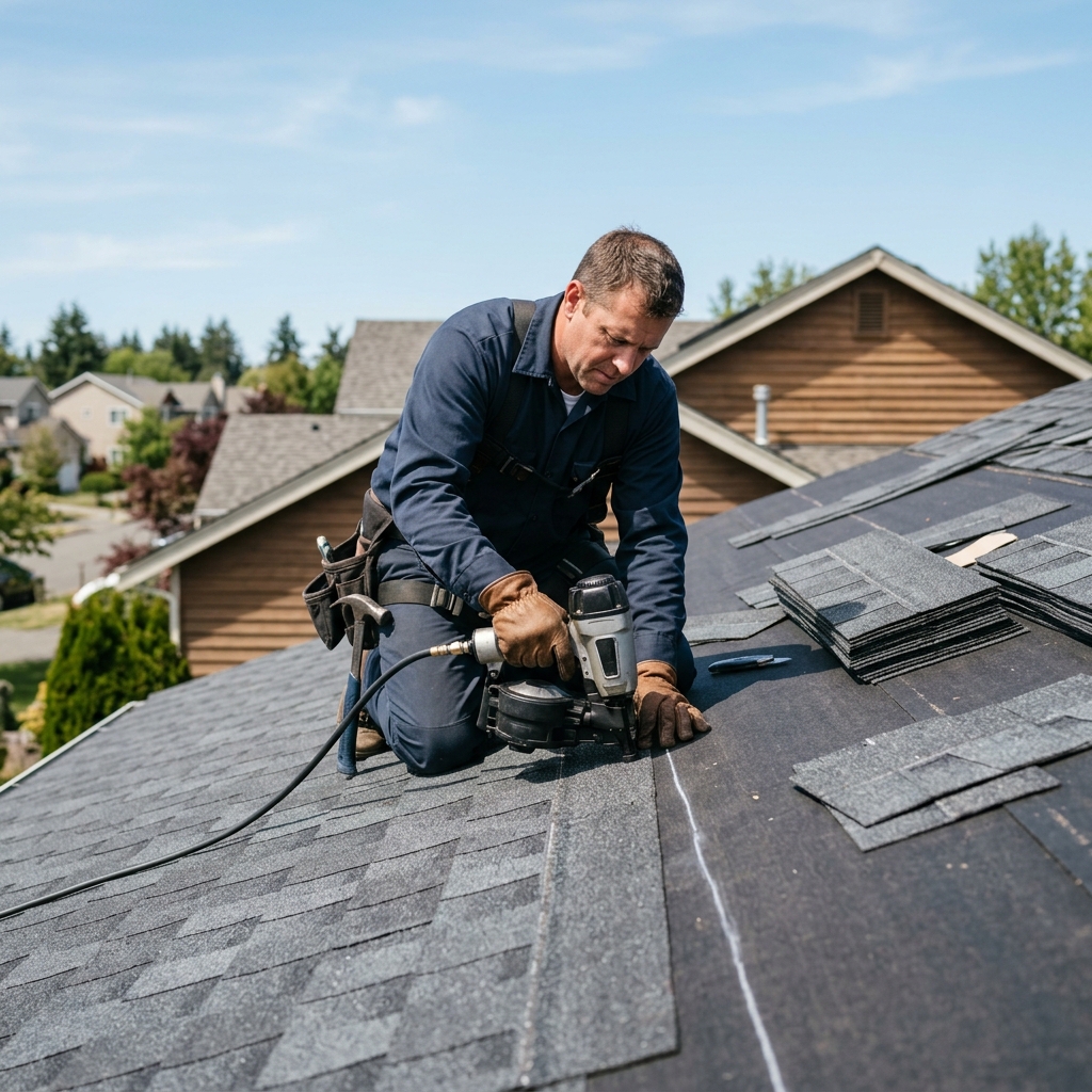 Roofing contractor installing shingles on a residential roof